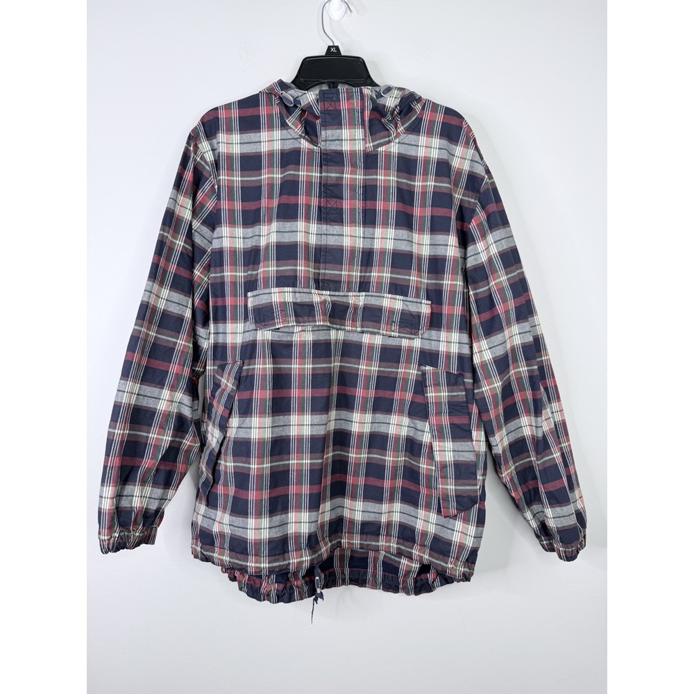 Vintage GAP Men's Medium 90s Blue Red Plaid Pullover ANORAK JACKET Hood 1/4 Zip